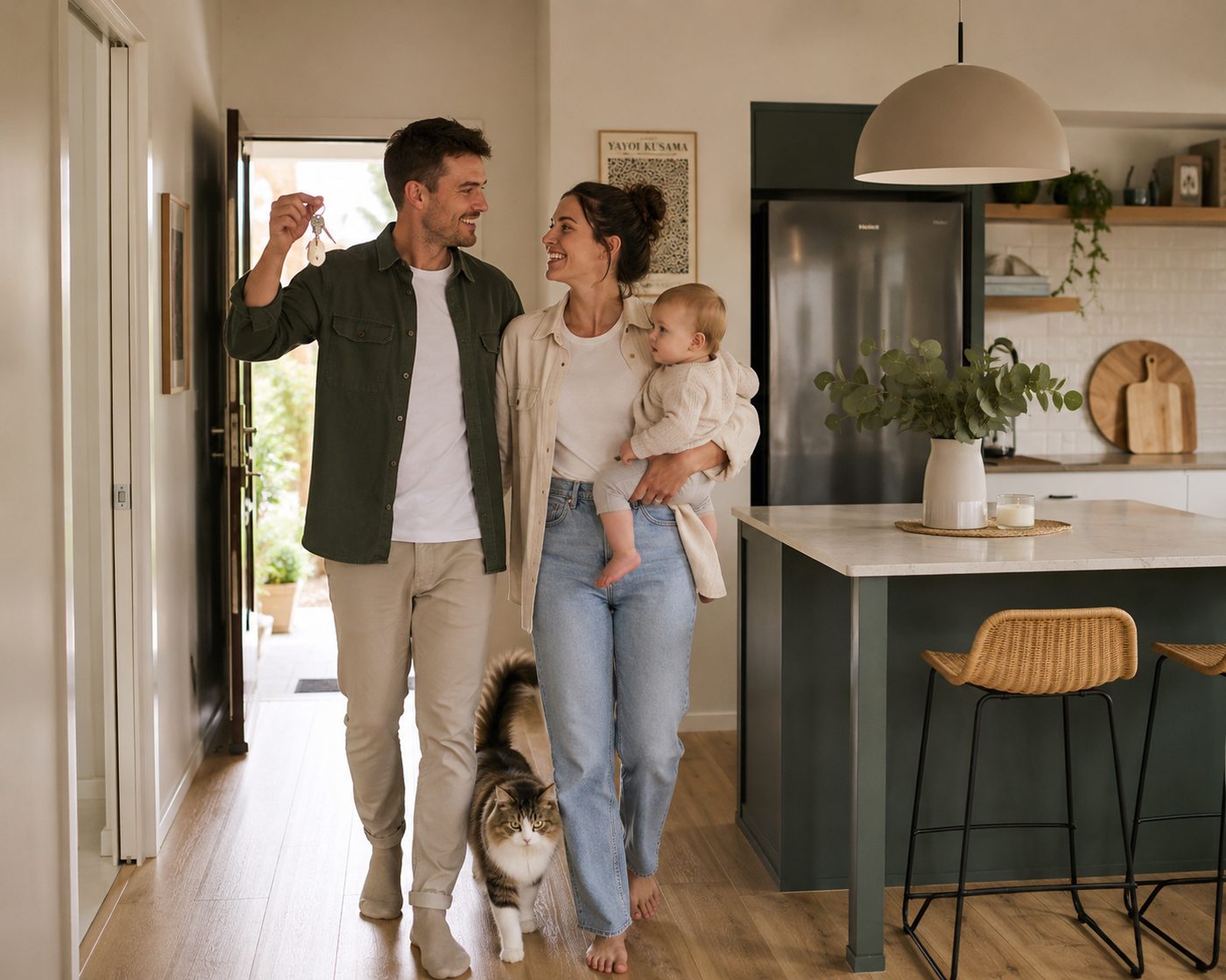Happy young Australian family with their baby and cat moving into their new home, dad holding up the keys